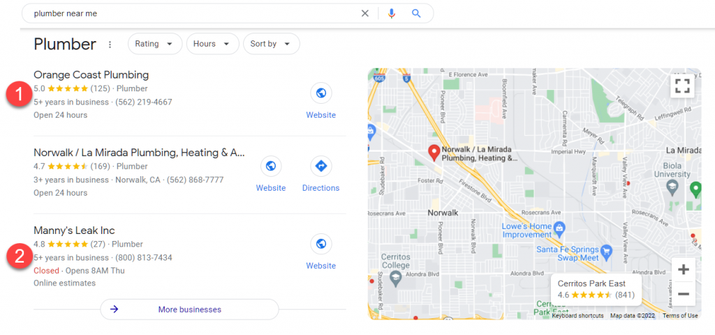 Google Maps results for "plumber near me"