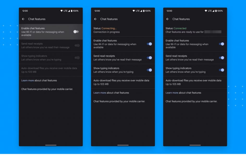 Screenshot of Google Messages RCS Chat setup