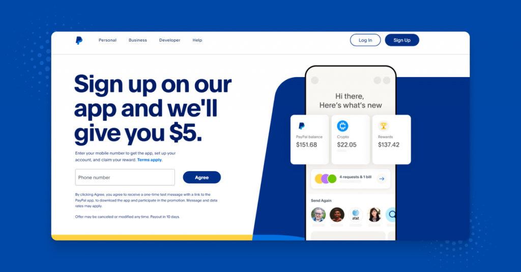 PayPal signup screen