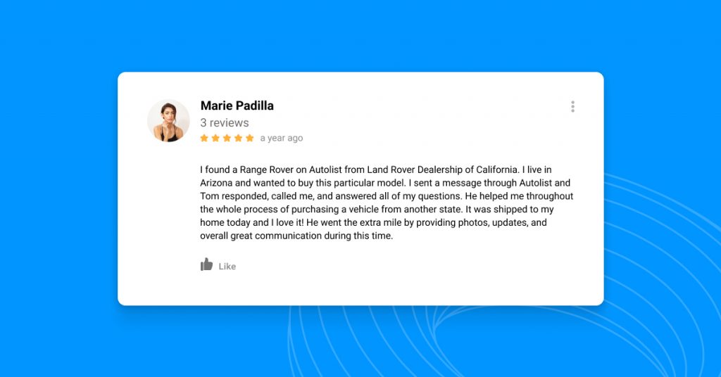 Image of a car dealer review example about inventory