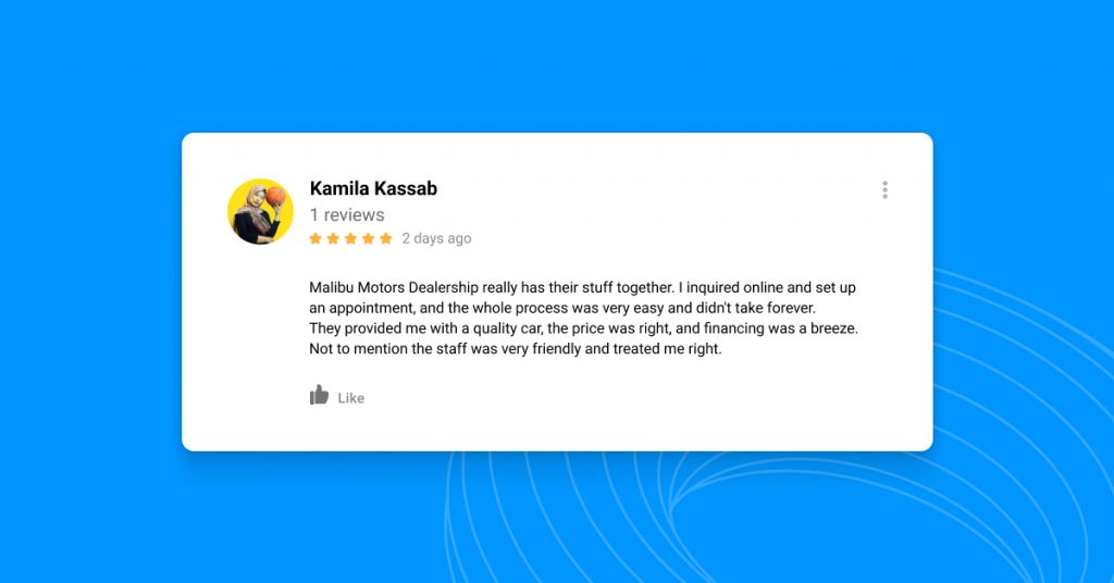 Image of a car dealer review example about time on site