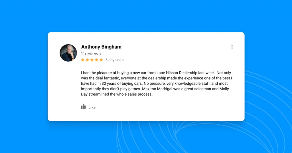 Image of a car dealer review example about customer service