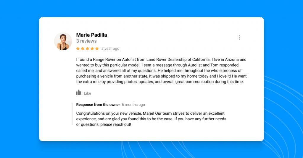 Image of a Google review for a car dealership and the dealerships response to the review