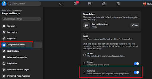 Template and tabs section for leaving Facebook reviews