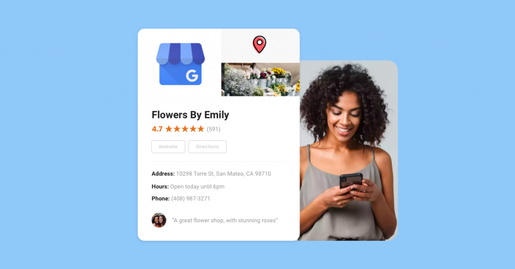 Woman looking at Google Business Profile on mobile device