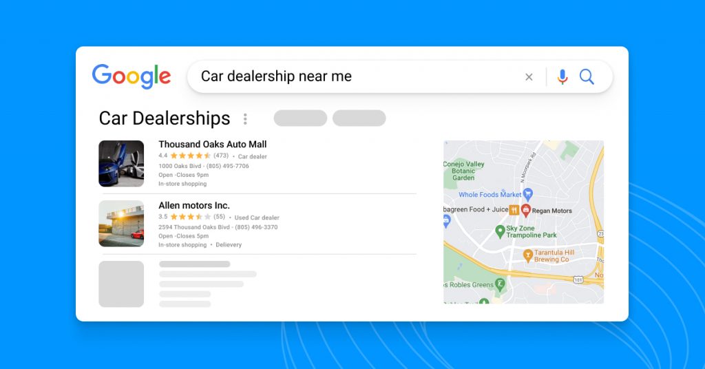 Image example of Google reviews when someone searches "car dealerships near me"