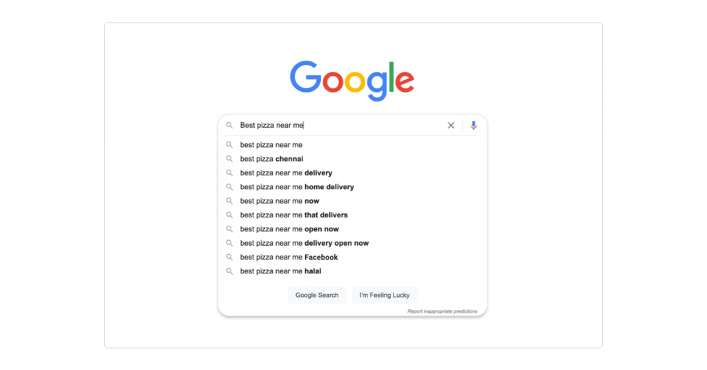 Search engine results page for "Best pizza near me"