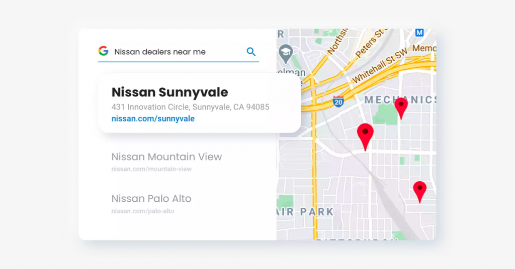 Location results on Google Maps for "Nissan dealers near me"