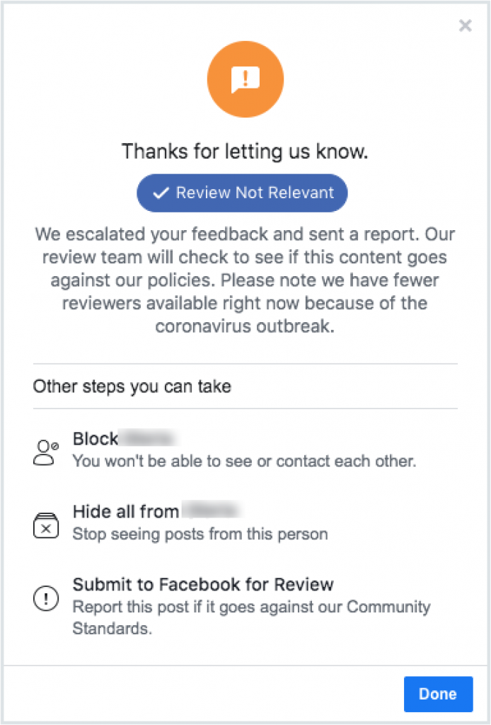 Facebook reviews reason for reporting example