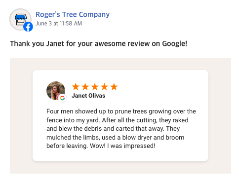Janet Olivas leaves a google review with 5 star rating for Roger's tree company