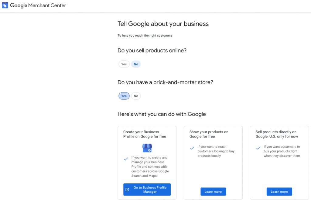 Brick-and-mortar page on Google Merchant Center