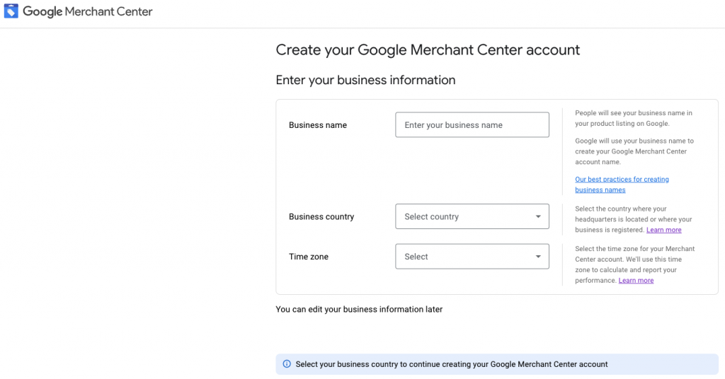 Google Merchant Center business information page
