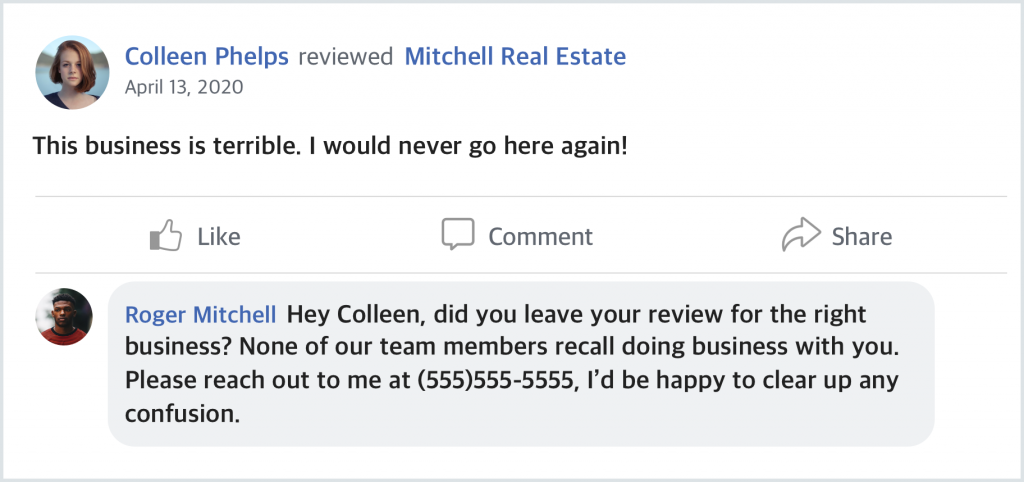 Tips for responding to Facebook reviews example