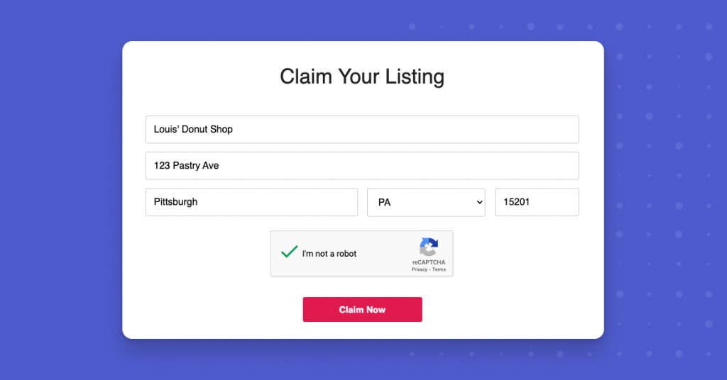 Claim Your Listing window for Yellow Pages free online listing.