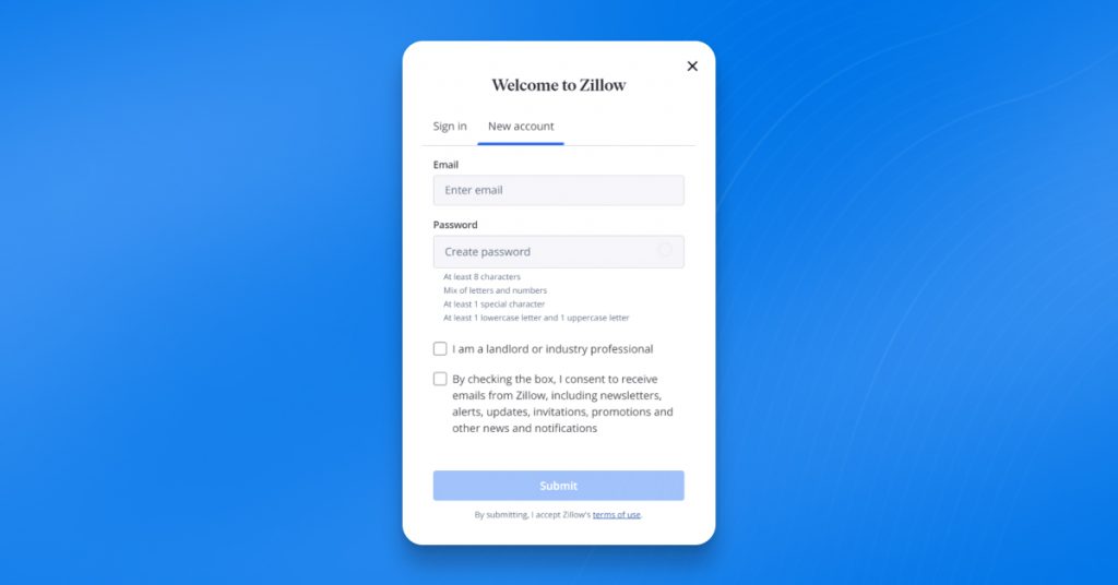 Creating an account in Zillow